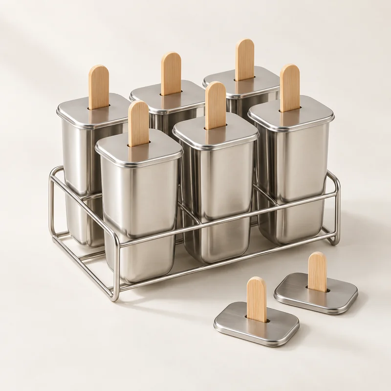 AI-generated unbranded steel mold concept; not the actual Onyx Containers Ice Pop Mold · Paddle Style